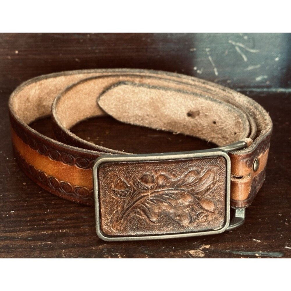 Mens Brown Handmade Leather Belt Silver Buckle Acorn Inlay 47 In Long 3XL